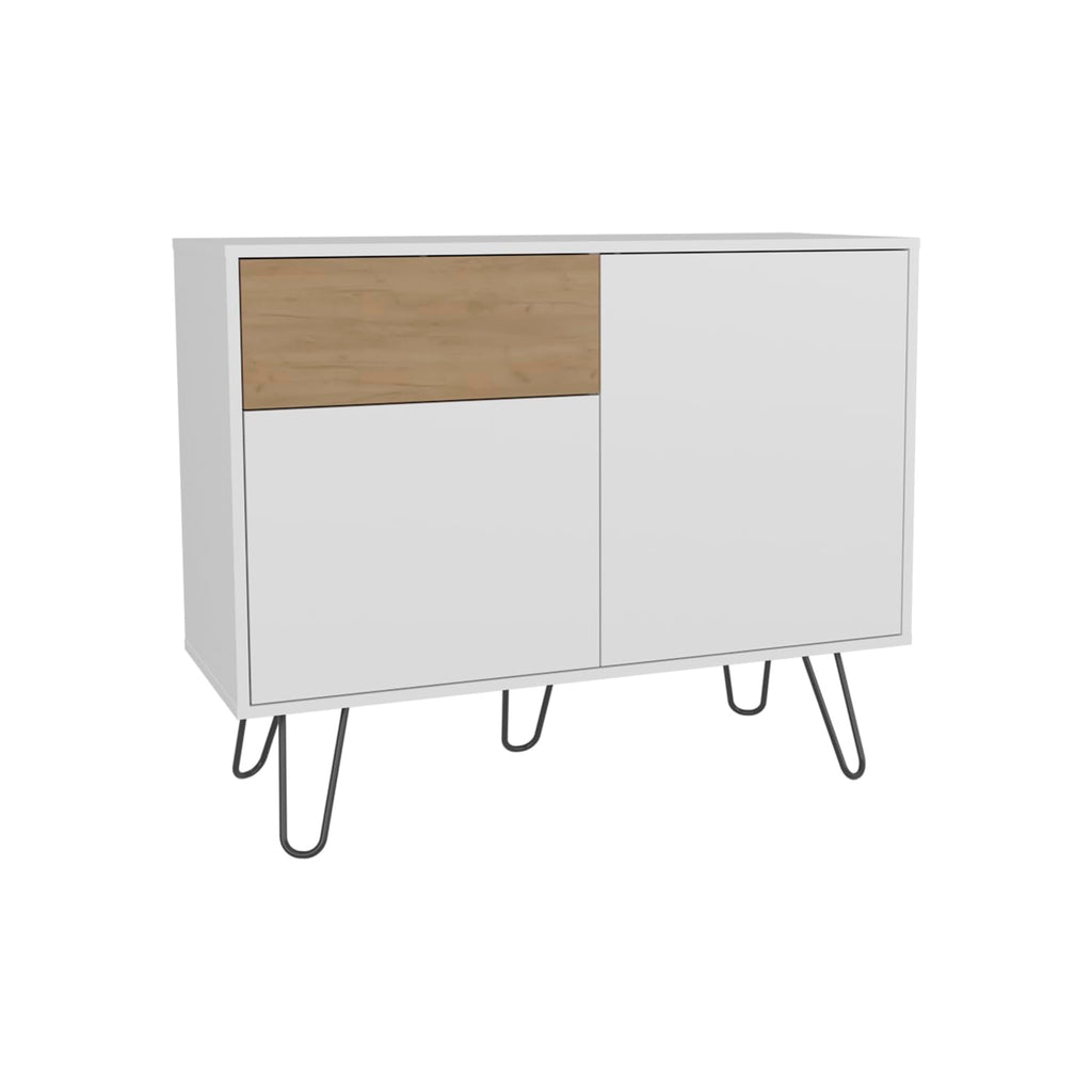39" Wide White & Oak Console Table with 2 Cabinets, Drawer & Shelves L915
