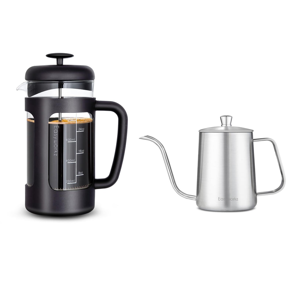 French Press and Gooseneck Pour Over Coffee Kettle 34 oz 12 oz Stainless Steel Silver S57583