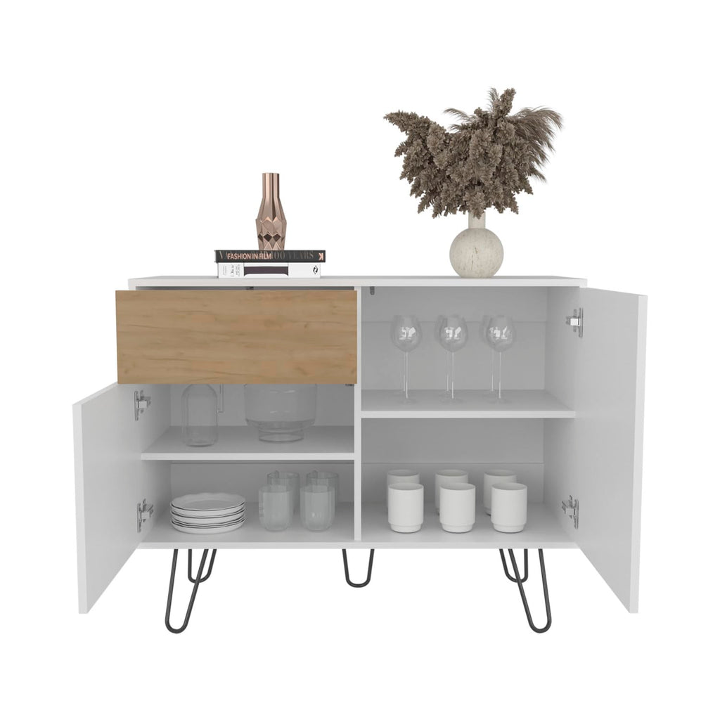 39" Wide White & Oak Console Table with 2 Cabinets, Drawer & Shelves L915