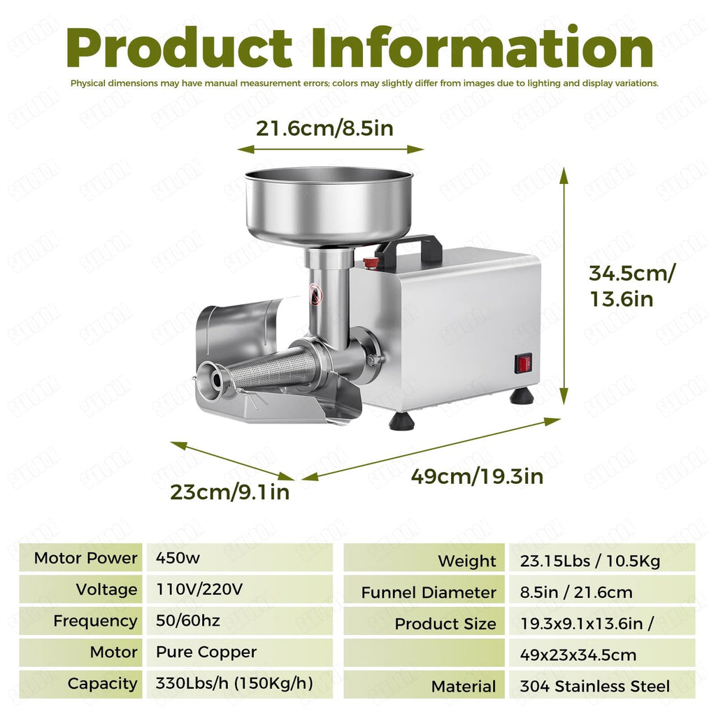 450W Metal Tomato Sauce Maker 8.5in Food-Grade Stainless Steel K888