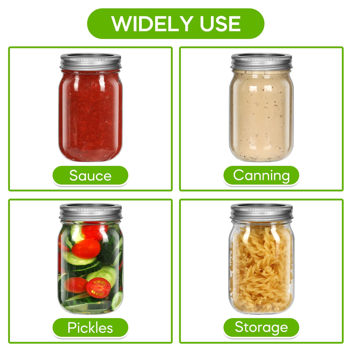12 oz 8 Pack Regular Mouth Glass Mason Jars with Airtight Lids K9312