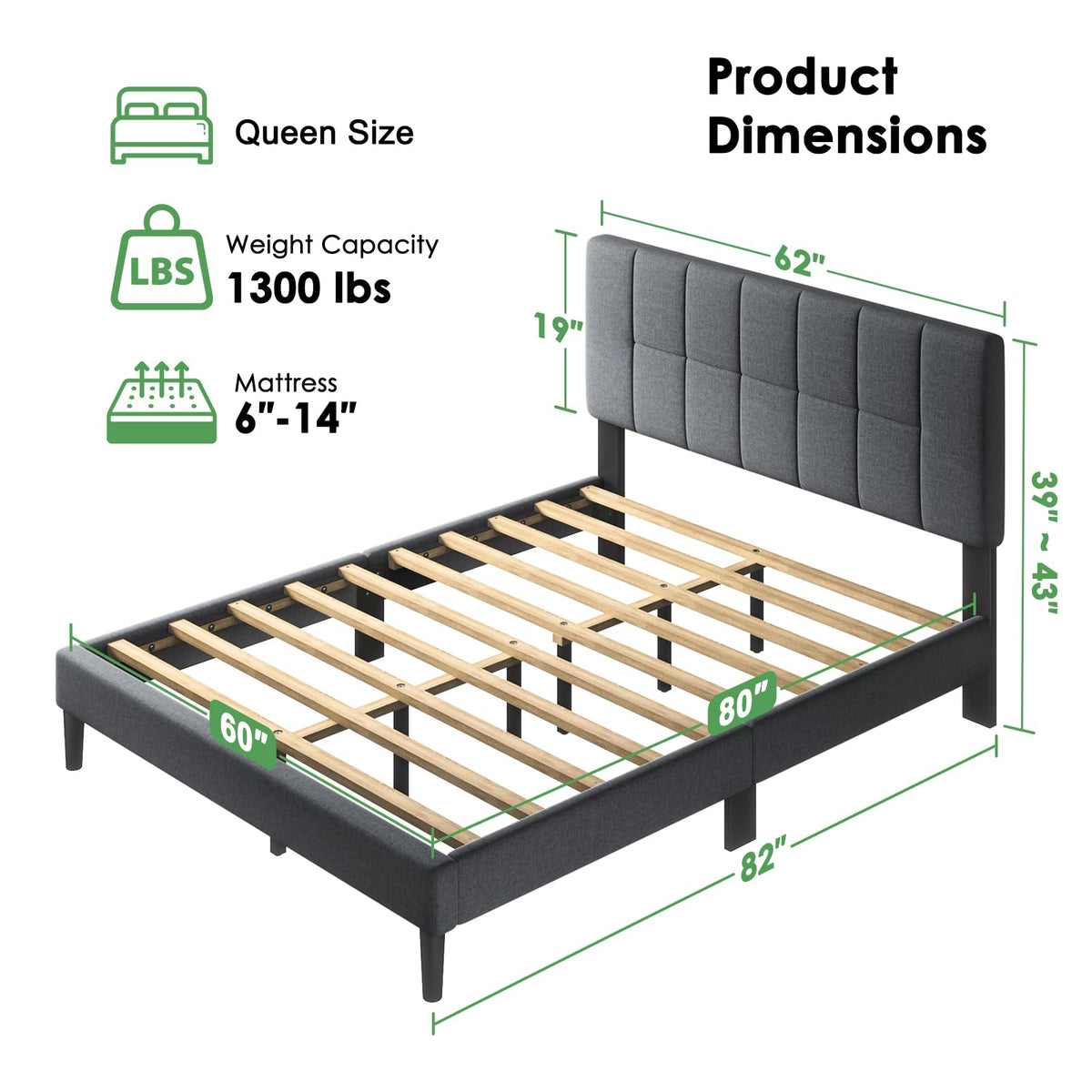 Queen Size Dark Gray Upholstered Bed Frame L133