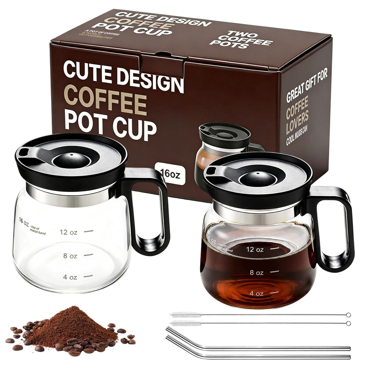2 Pack 16oz Clear Glass Coffee Mug with Lid and Straw Q914