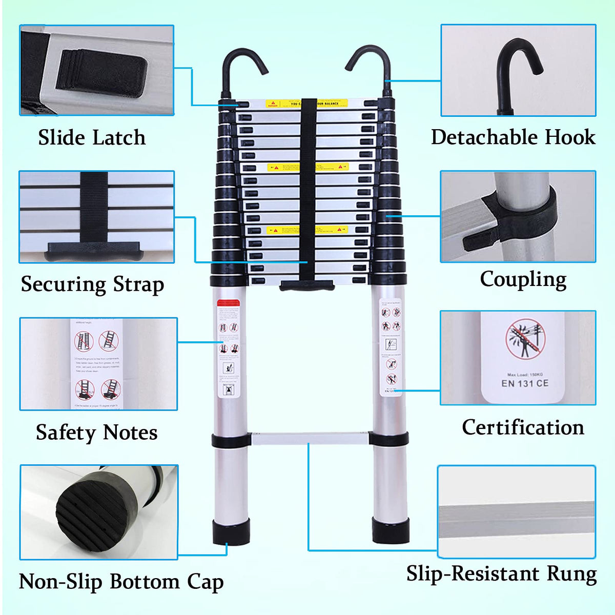 Collapsible Telescoping Ladder 20.5FT Aluminum Lightweight 330LB Capacity V7266