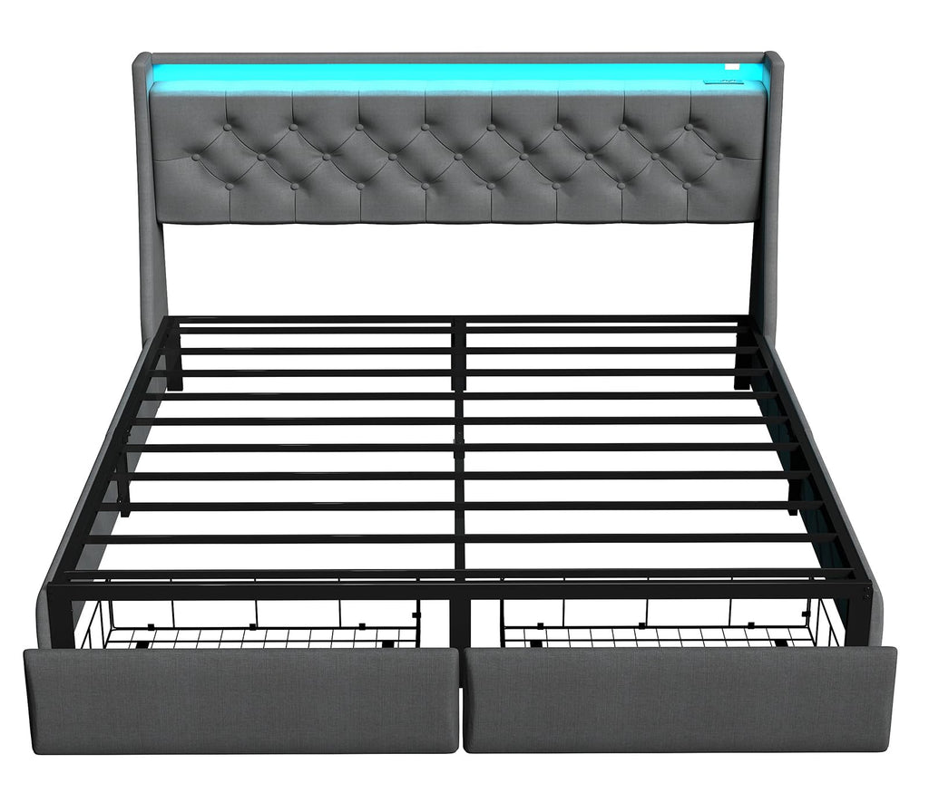 Queen Size Grey Bed Frame with 2 Storage Drawer C317