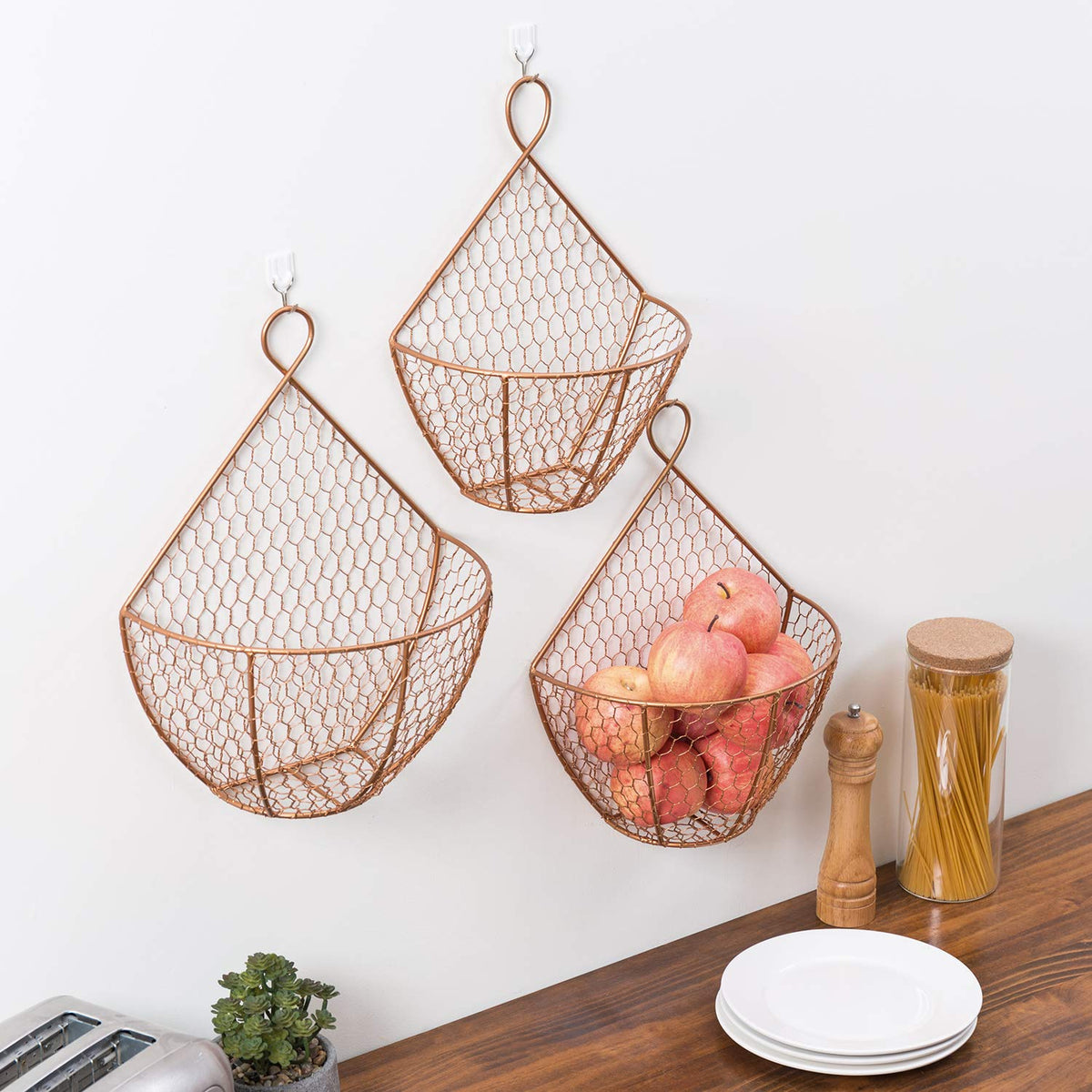 Set of 3 Copper Metal Wire Mesh Wall Hanging Baskets J30456