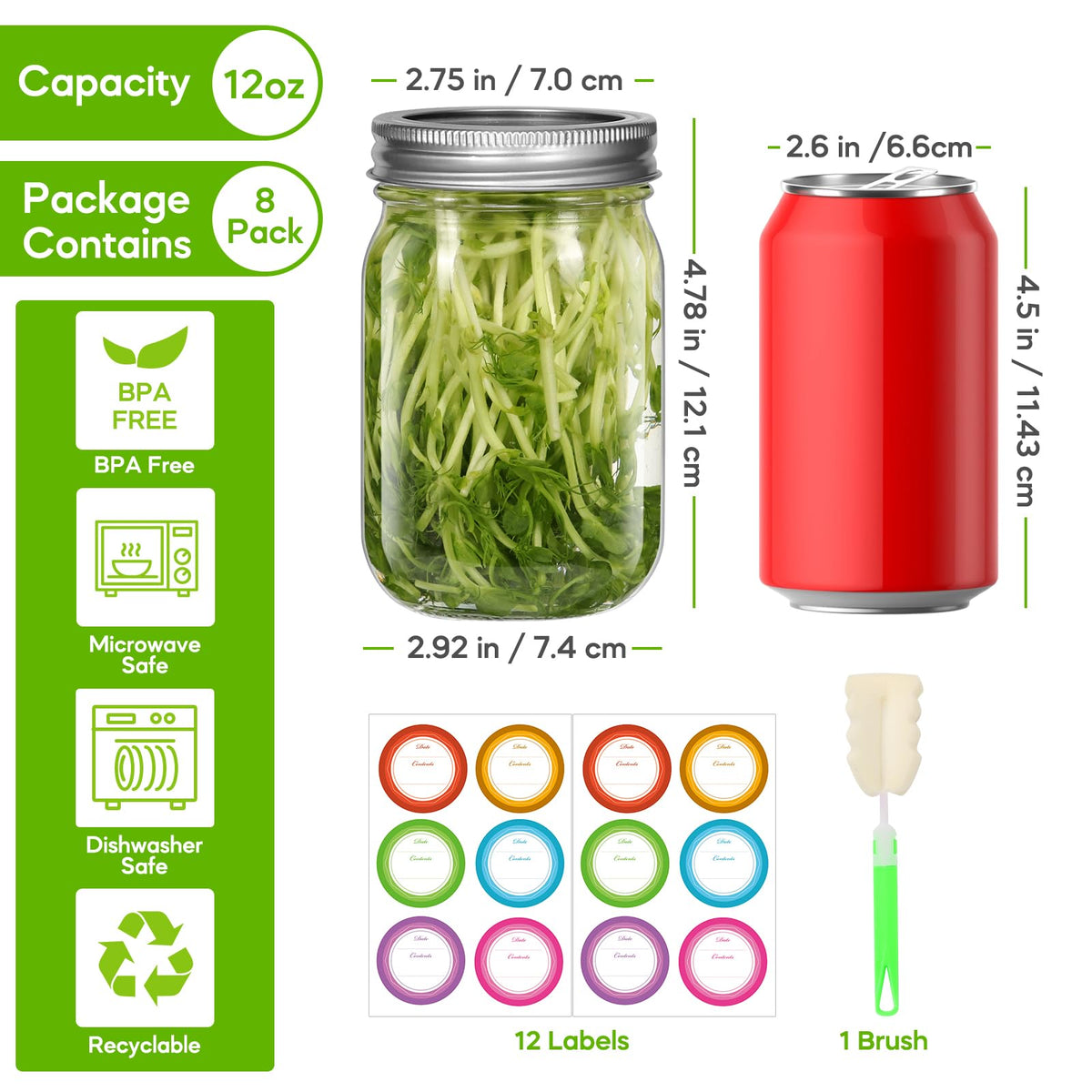 12 oz 8 Pack Regular Mouth Glass Mason Jars with Airtight Lids K9312