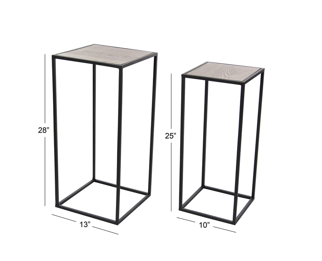 Black Metal End Table with Brown Wood Tops, Set of 2 P3619