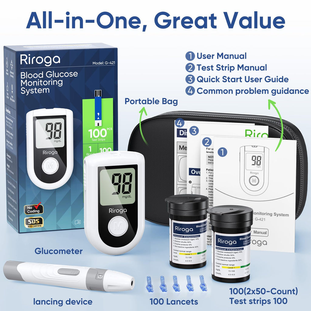 Blood Glucose Monitor Kit with 100 Strips, 100 Lancets, Lancing Device, No Coding O13478