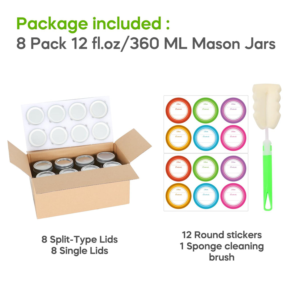 12 oz 8 Pack Regular Mouth Glass Mason Jars with Airtight Lids K9312