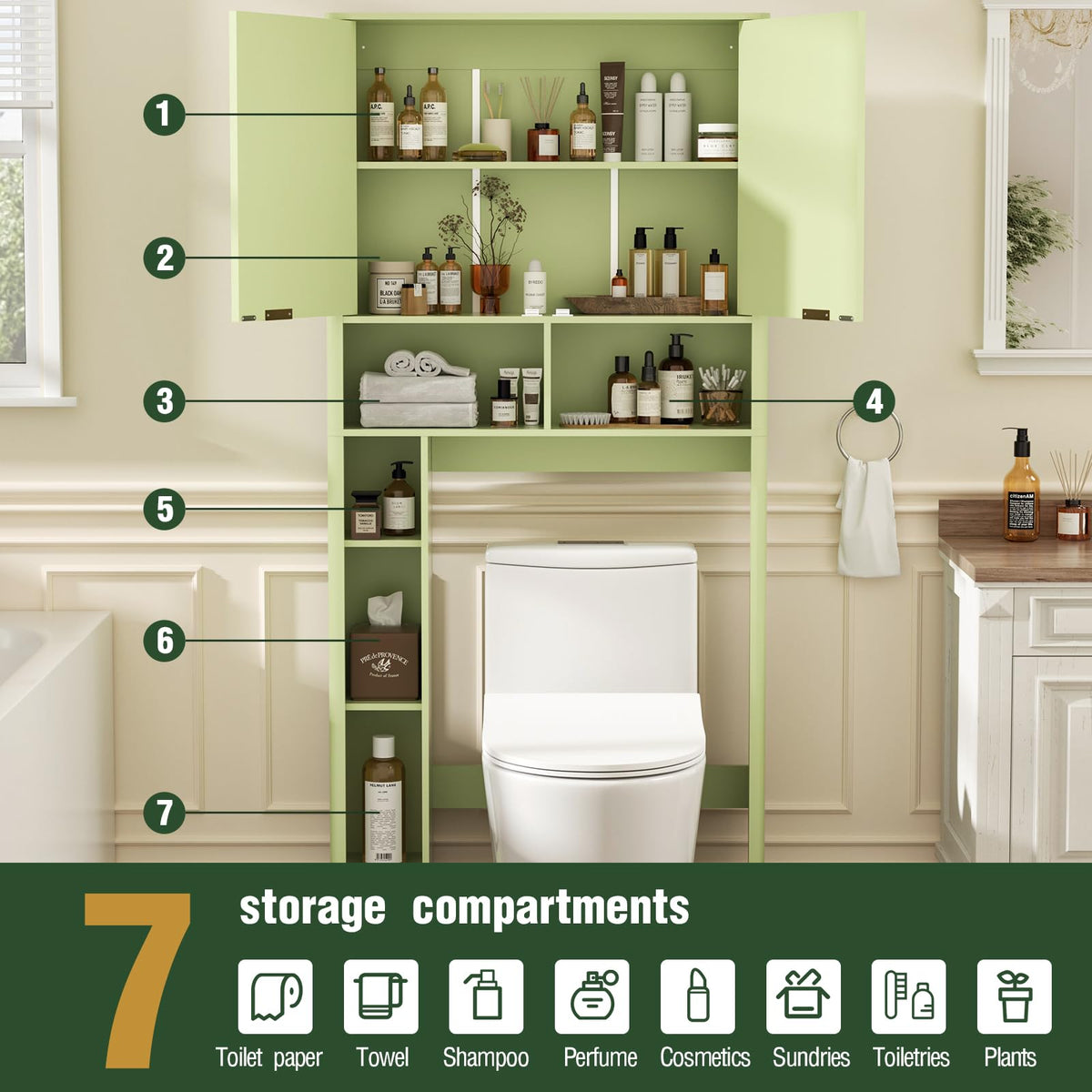Green Over the Toilet Storage Cabinet with Adjustable Shelf L5402
