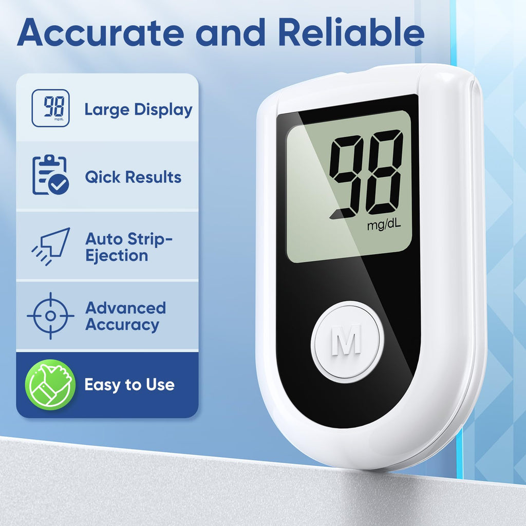 Blood Glucose Monitor Kit with 100 Strips, 100 Lancets, Lancing Device, No Coding O13478