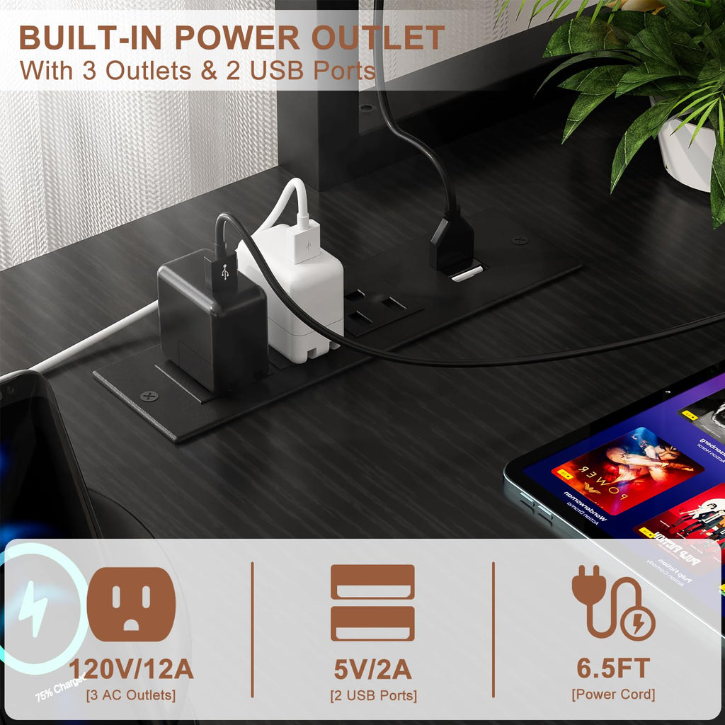L Shaped Gaming Desk with Power Outlets & LED Lights, Black W33083