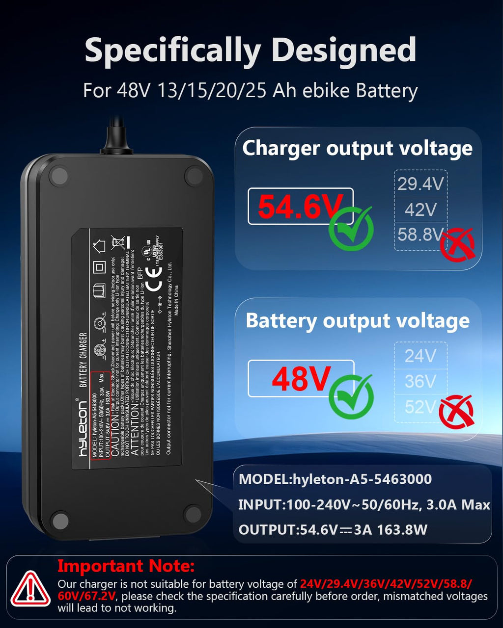 54.6V 3A ebike Charger for 48V Lithium Batteries X917