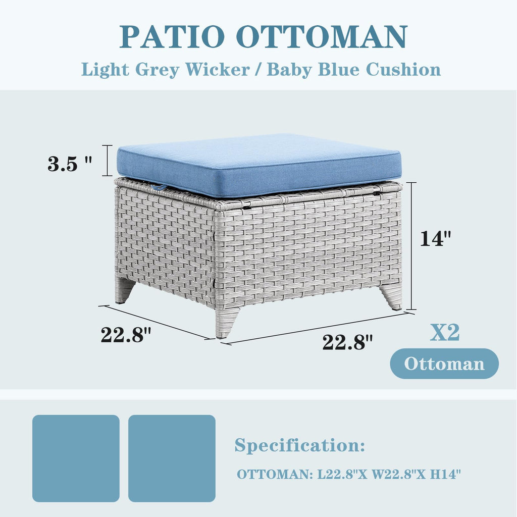 Wicker Outdoor Ottomans Set of 2 Handwoven Rattan Footstools with Removable Cushions Y772