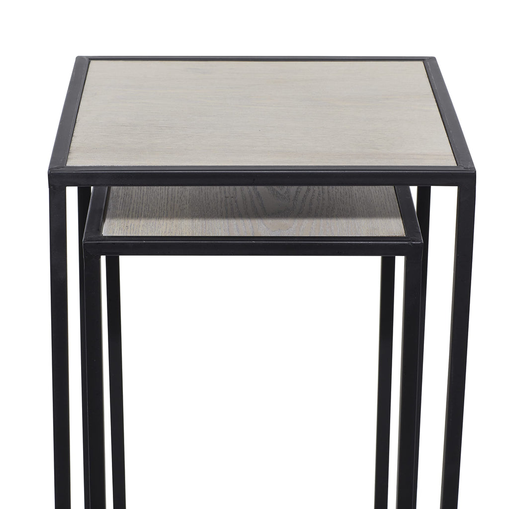 Black Metal End Table with Brown Wood Tops, Set of 2 P3619