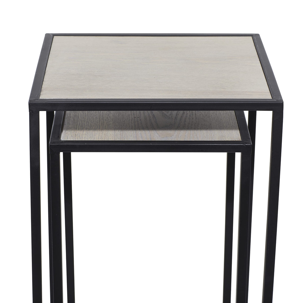 Black Metal End Table with Brown Wood Tops, Set of 2 P3619