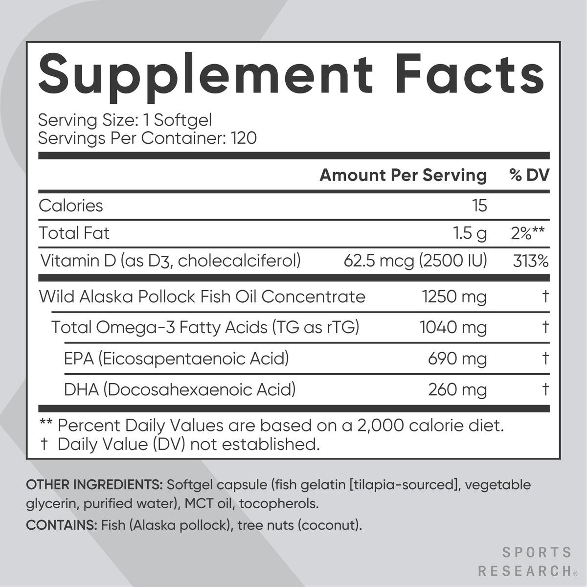 Omega-3 Fish Oil 1250mg + D3 2500iu, 120 Count W7768