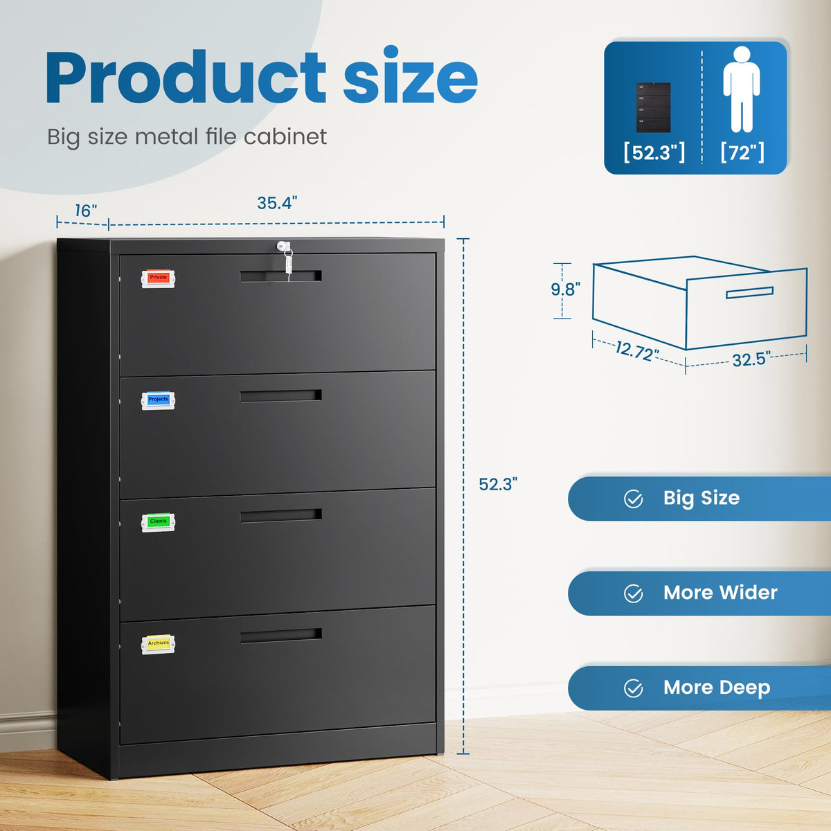 4 Drawer File Cabinet with Lock, Black P65262