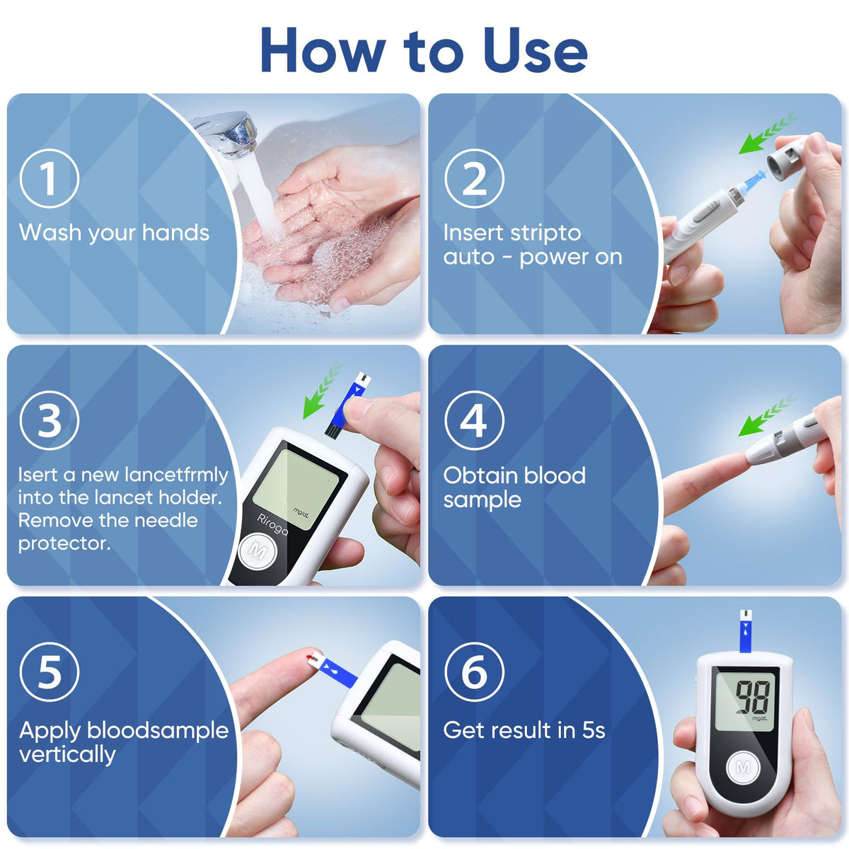 Blood Glucose Monitor Kit with 100 Strips, 100 Lancets, Lancing Device, No Coding O13478