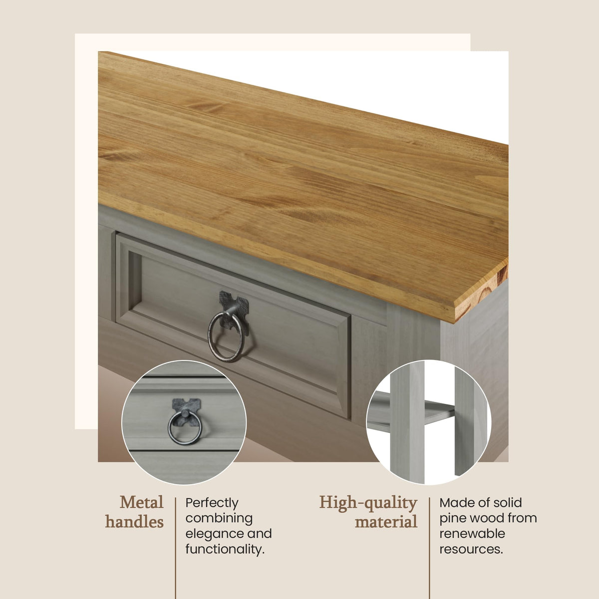 Solid Wood Console Table with 3 Drawers C223947