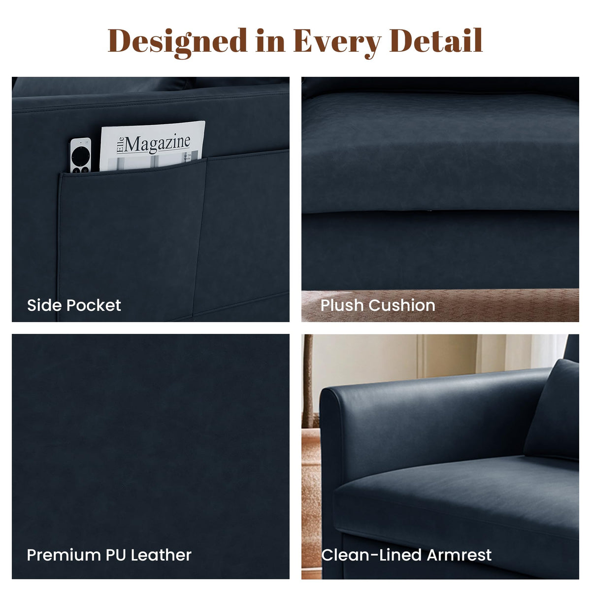 Faux Leather 3-Seater with Side Pocket J409973
