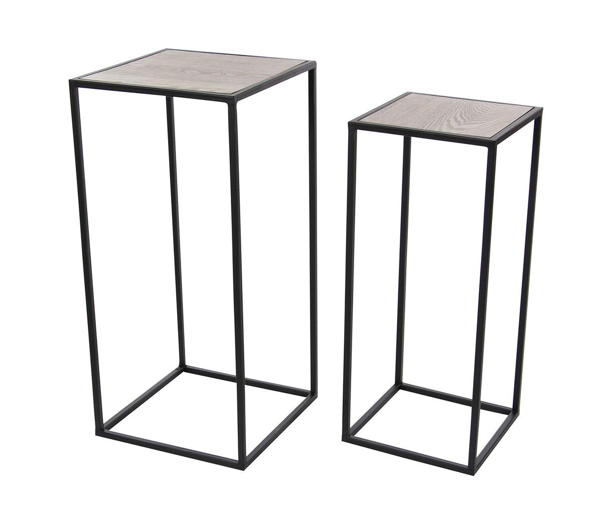 Black Metal End Table with Brown Wood Tops, Set of 2 P3619