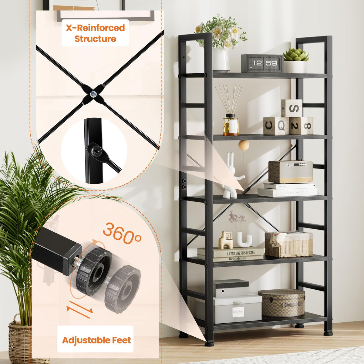 5 Tier Black Bookshelf C367