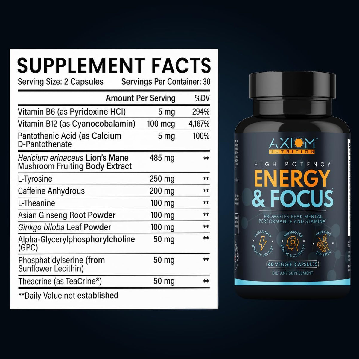 200mg Caffeine Lions Mane Mushroom 60 Capsules Y600455