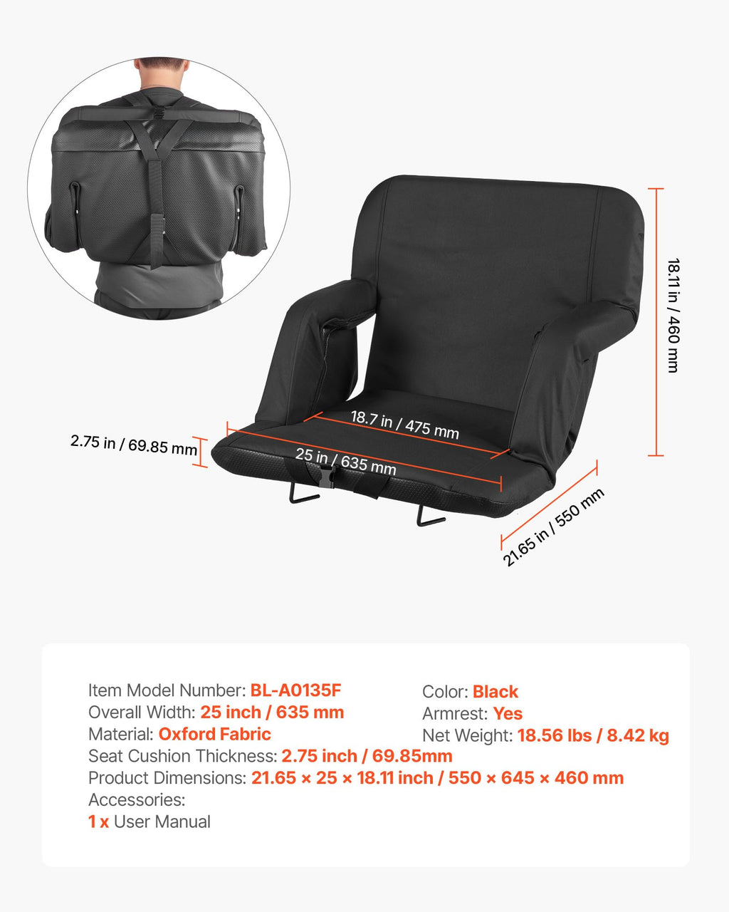 6 Adjustable Angle Padded Stadium Seat with Armrest B373668