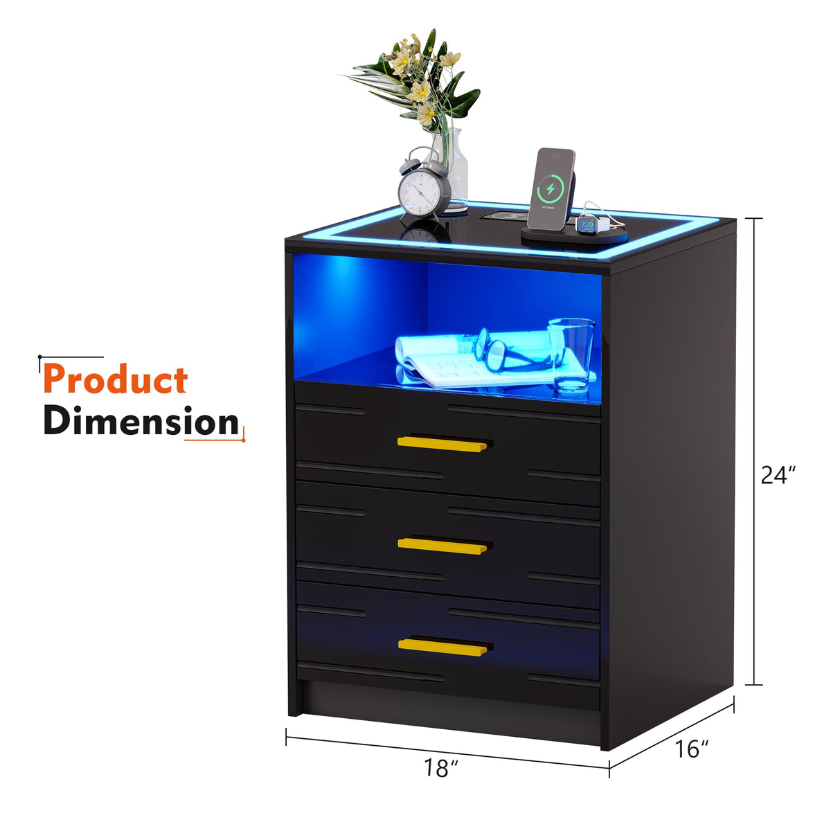 Black Glass Top 3 Drawer Nightstand with Wireless Charging S43133