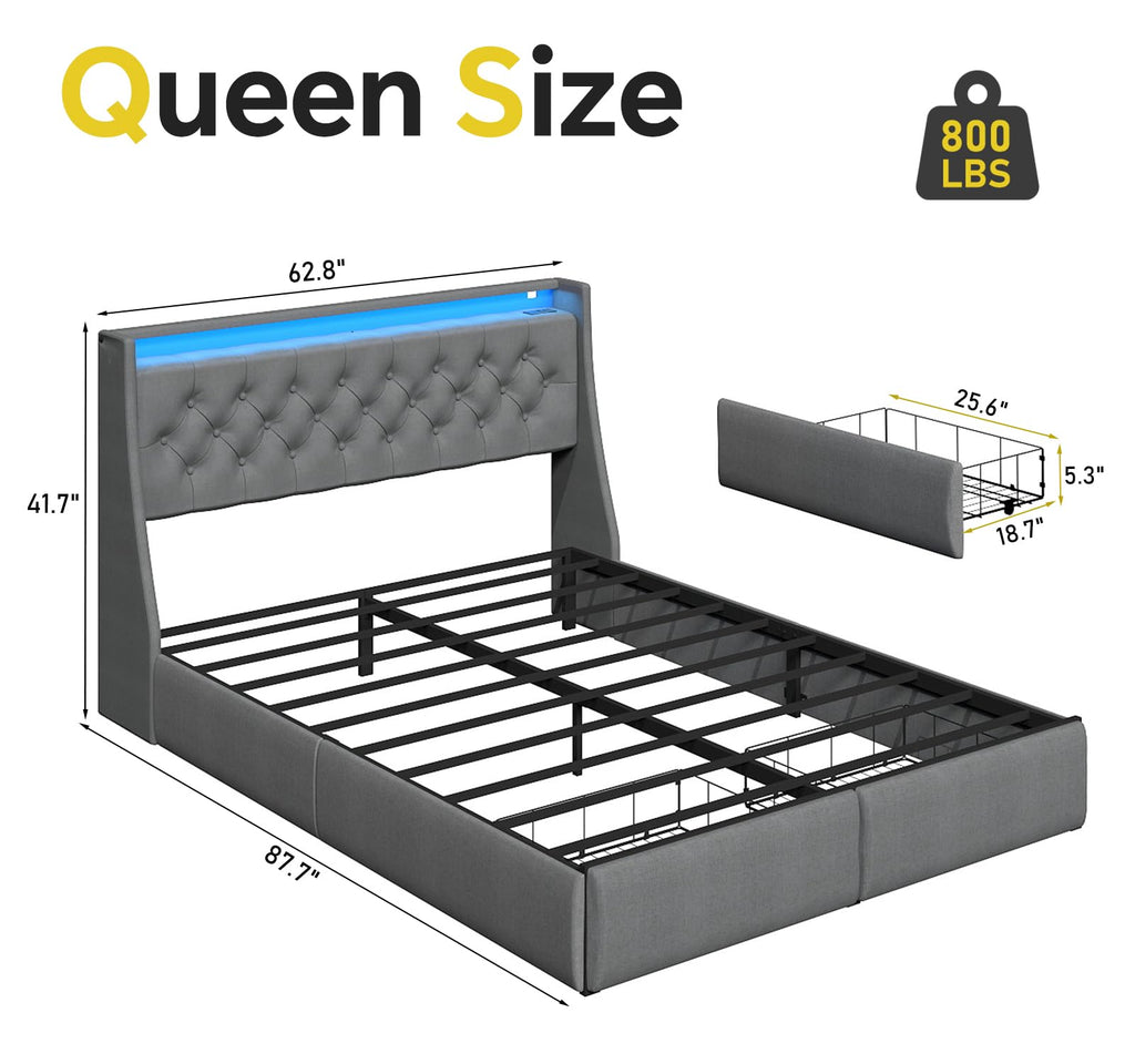 Queen Size Grey Bed Frame with 2 Storage Drawer C317