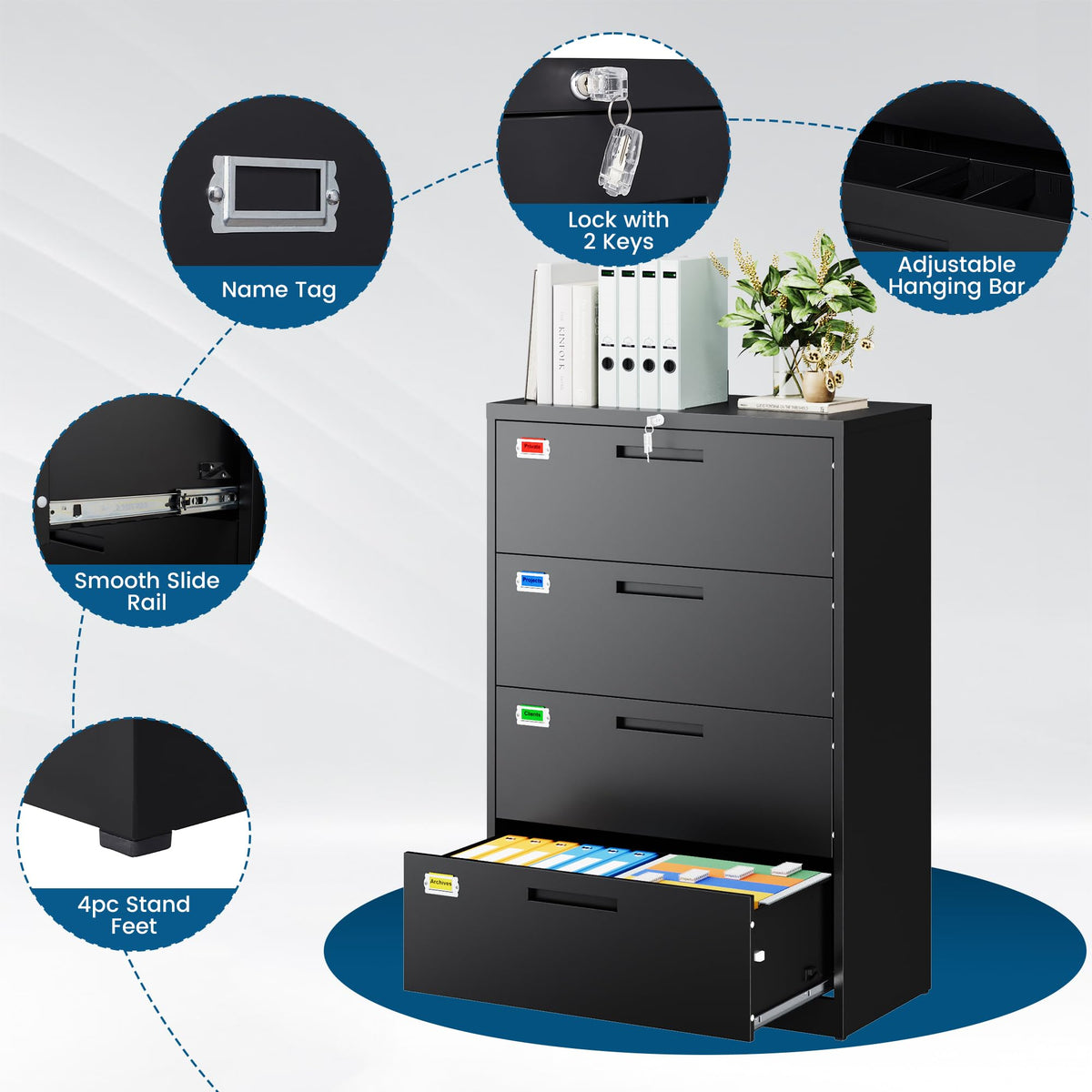 4 Drawer File Cabinet with Lock, Black P65262