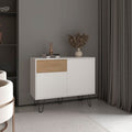 39" Wide White & Oak Console Table with 2 Cabinets, Drawer & Shelves L915
