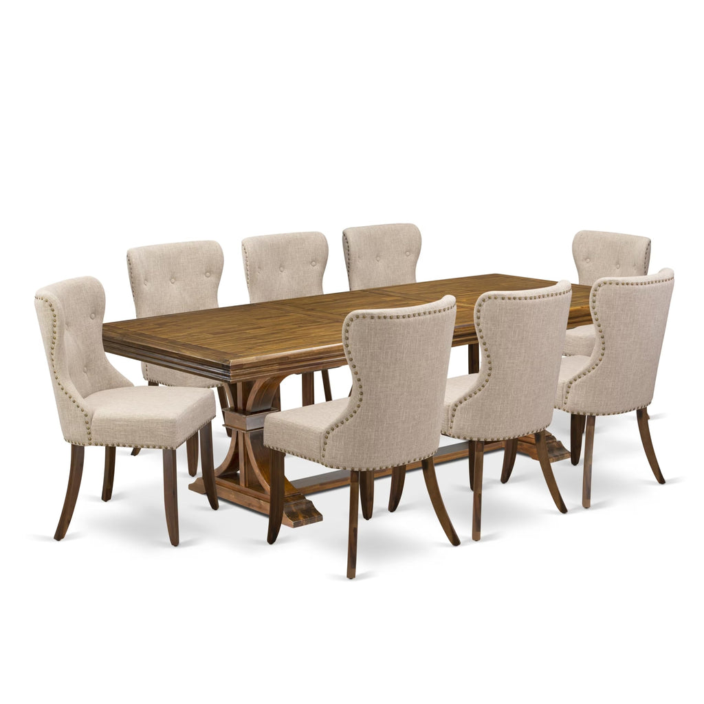 9-piece Dining Table Set with 8 Light Tan Linen Fabric Chairs A49194