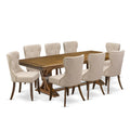 9-piece Dining Table Set with 8 Light Tan Linen Fabric Chairs A49194