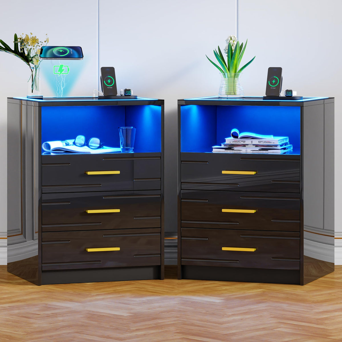 Black Glass Top 3 Drawer Nightstand with Wireless Charging S43133