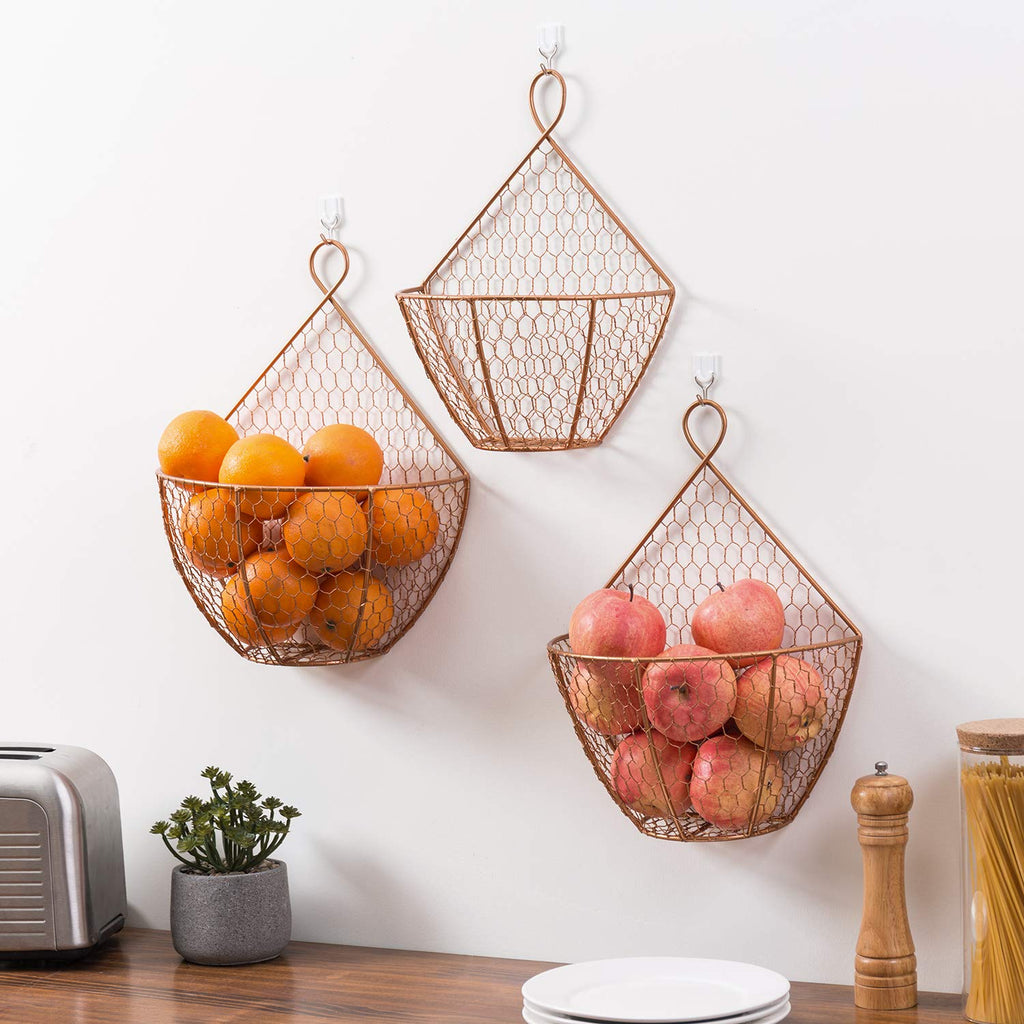 Set of 3 Copper Metal Wire Mesh Wall Hanging Baskets J30456