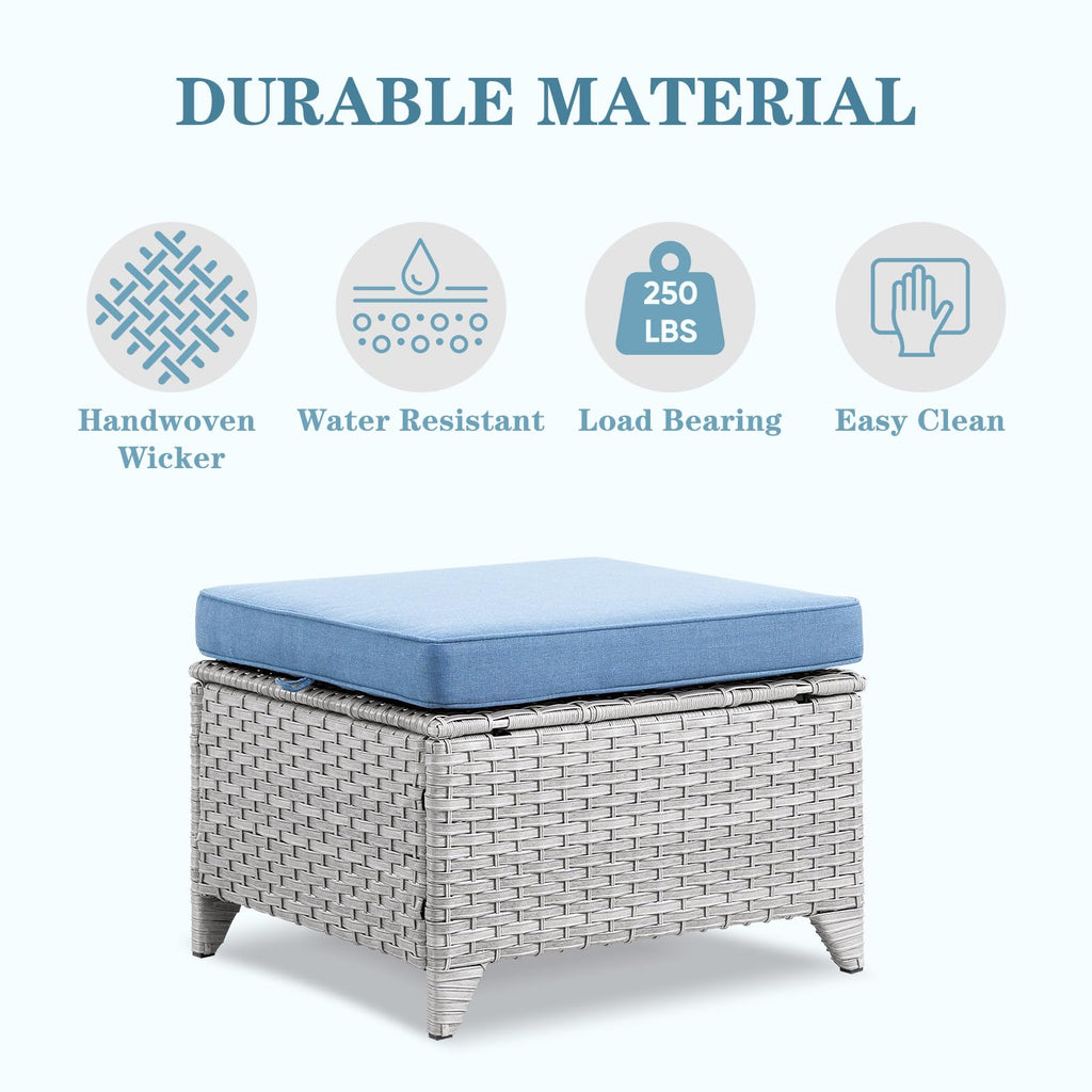 Wicker Outdoor Ottomans Set of 2 Handwoven Rattan Footstools with Removable Cushions Y772