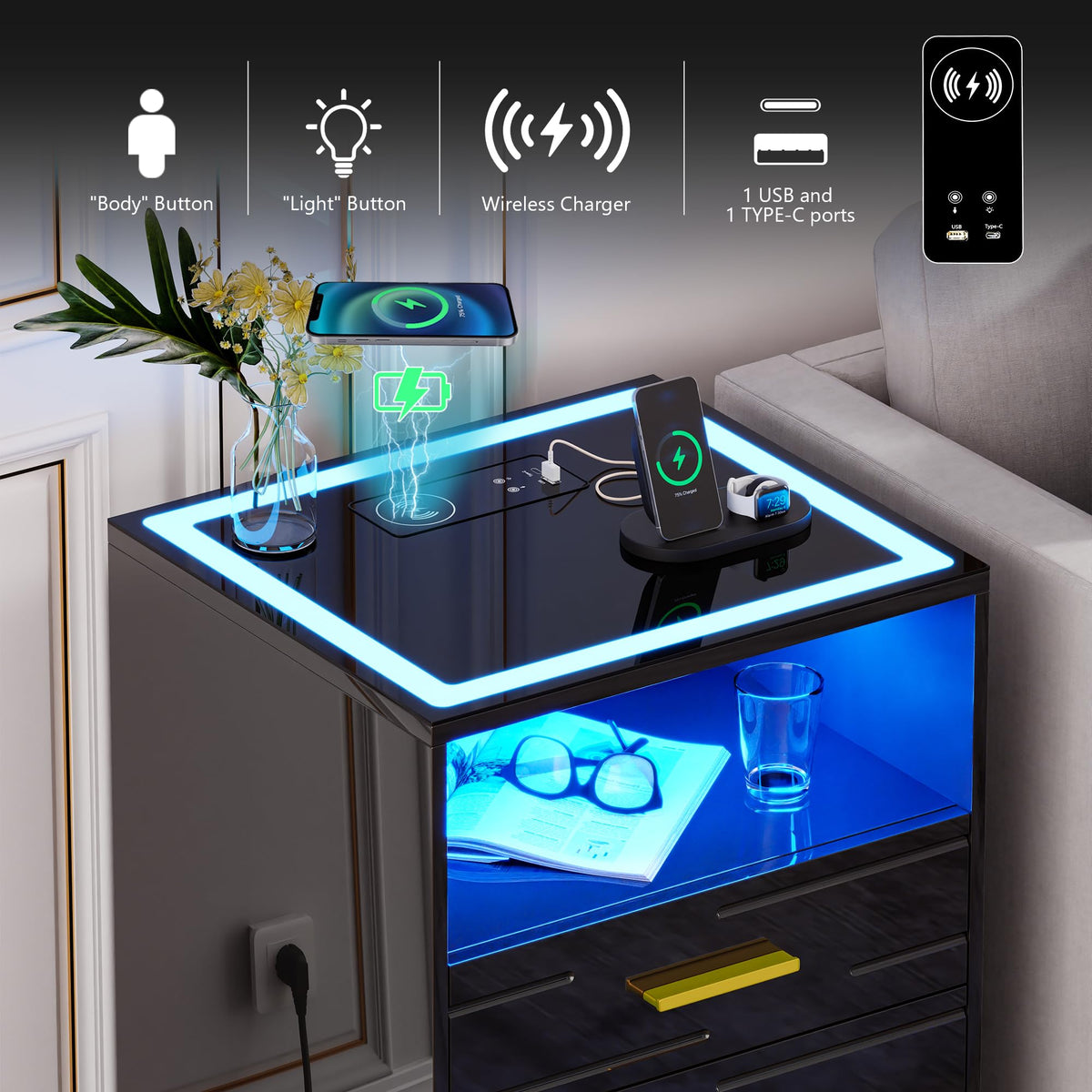 Black Glass Top 3 Drawer Nightstand with Wireless Charging S43133