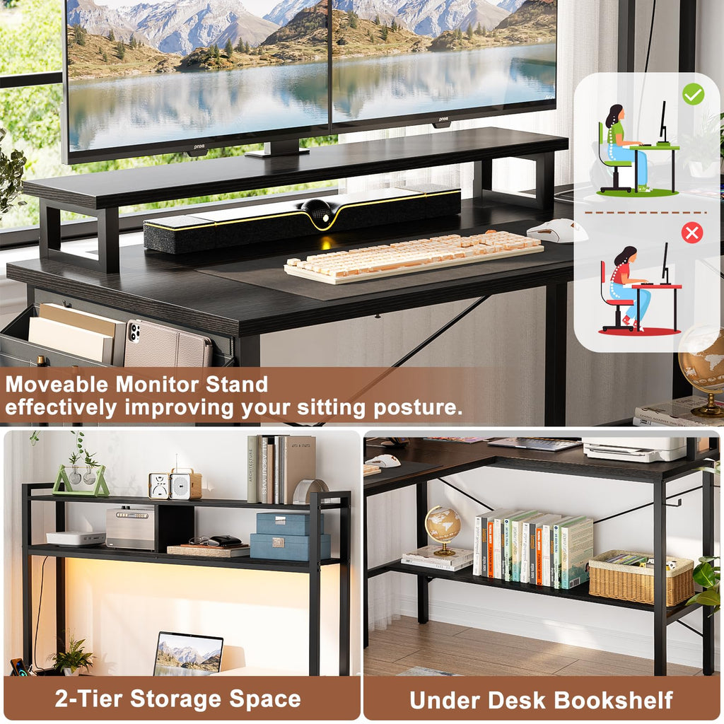 L Shaped Gaming Desk with Power Outlets & LED Lights, Black W33083