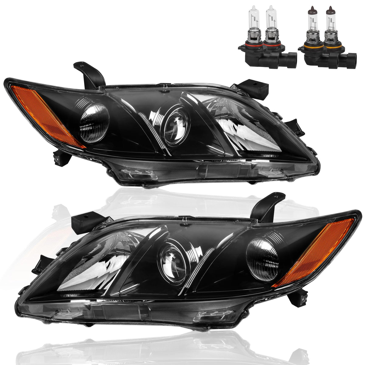Headlights Assembly Replacement Compatible with Toyota Camry Halogen with Clear Lens Black Housing Amber Reflector Front Lamps Driver and Passenger Side E43862