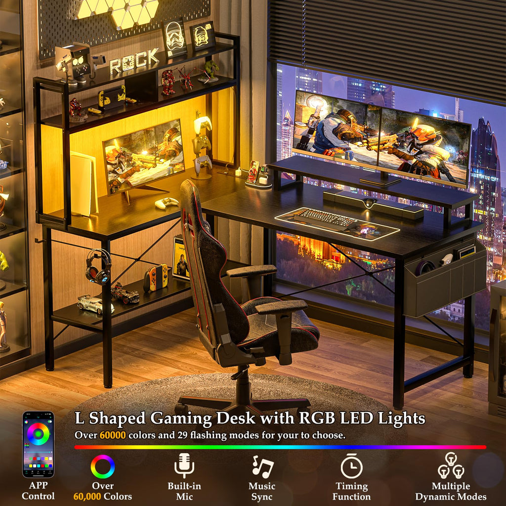 L Shaped Gaming Desk with Power Outlets & LED Lights, Black W33083