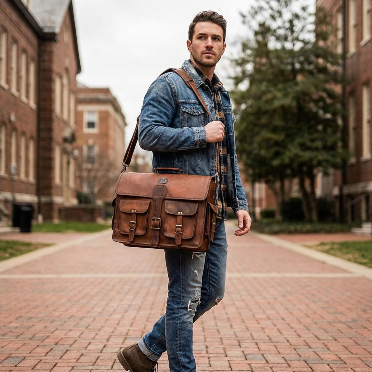 Vintage Brown Full Grain Leather Messenger Bag P3008
