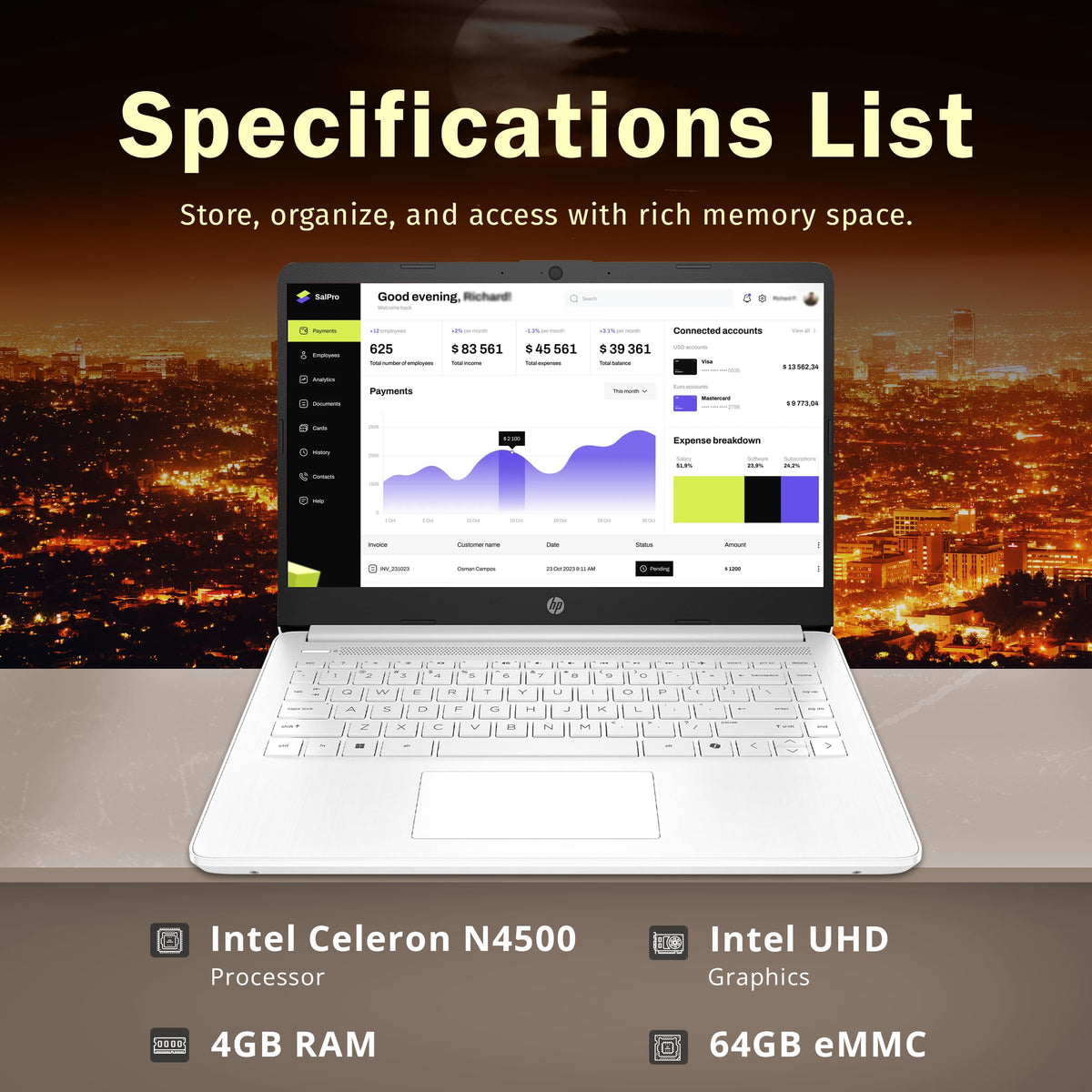 14" HD Laptop, Intel Celeron N4500, 4GB DDR4 RAM, 64GB eMMC, White G8330
