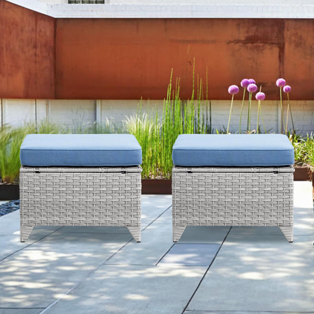 Wicker Outdoor Ottomans Set of 2 Handwoven Rattan Footstools with Removable Cushions Y772