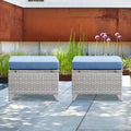 Wicker Outdoor Ottomans Set of 2 Handwoven Rattan Footstools with Removable Cushions Y772