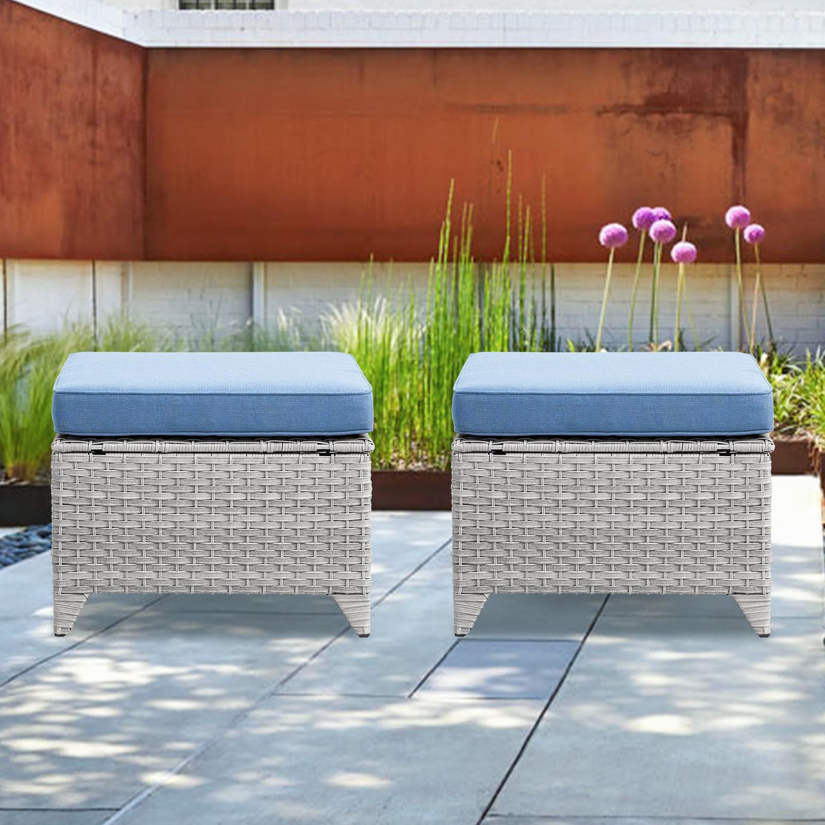 Wicker Outdoor Ottomans Set of 2 Handwoven Rattan Footstools with Removable Cushions Y772