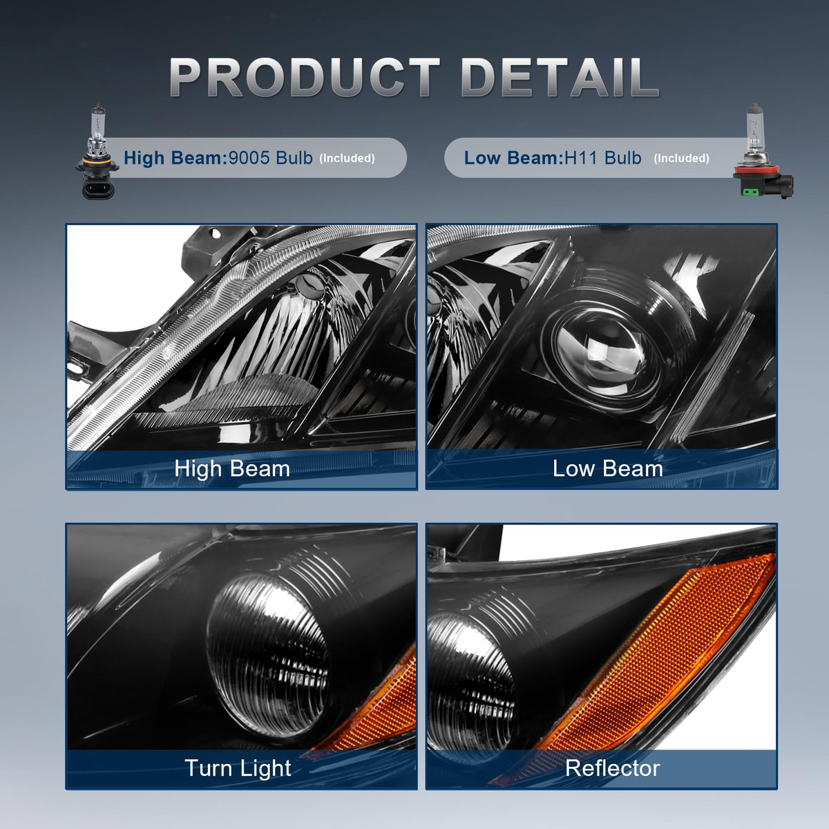 Headlights Assembly Replacement Compatible with Toyota Camry Halogen with Clear Lens Black Housing Amber Reflector Front Lamps Driver and Passenger Side E43862