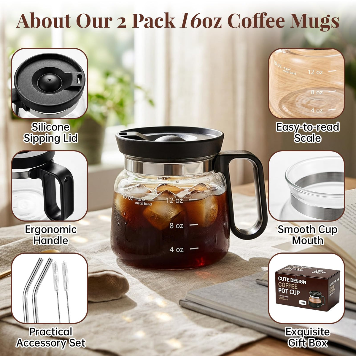 2 Pack 16oz Clear Glass Coffee Mug with Lid and Straw Q914
